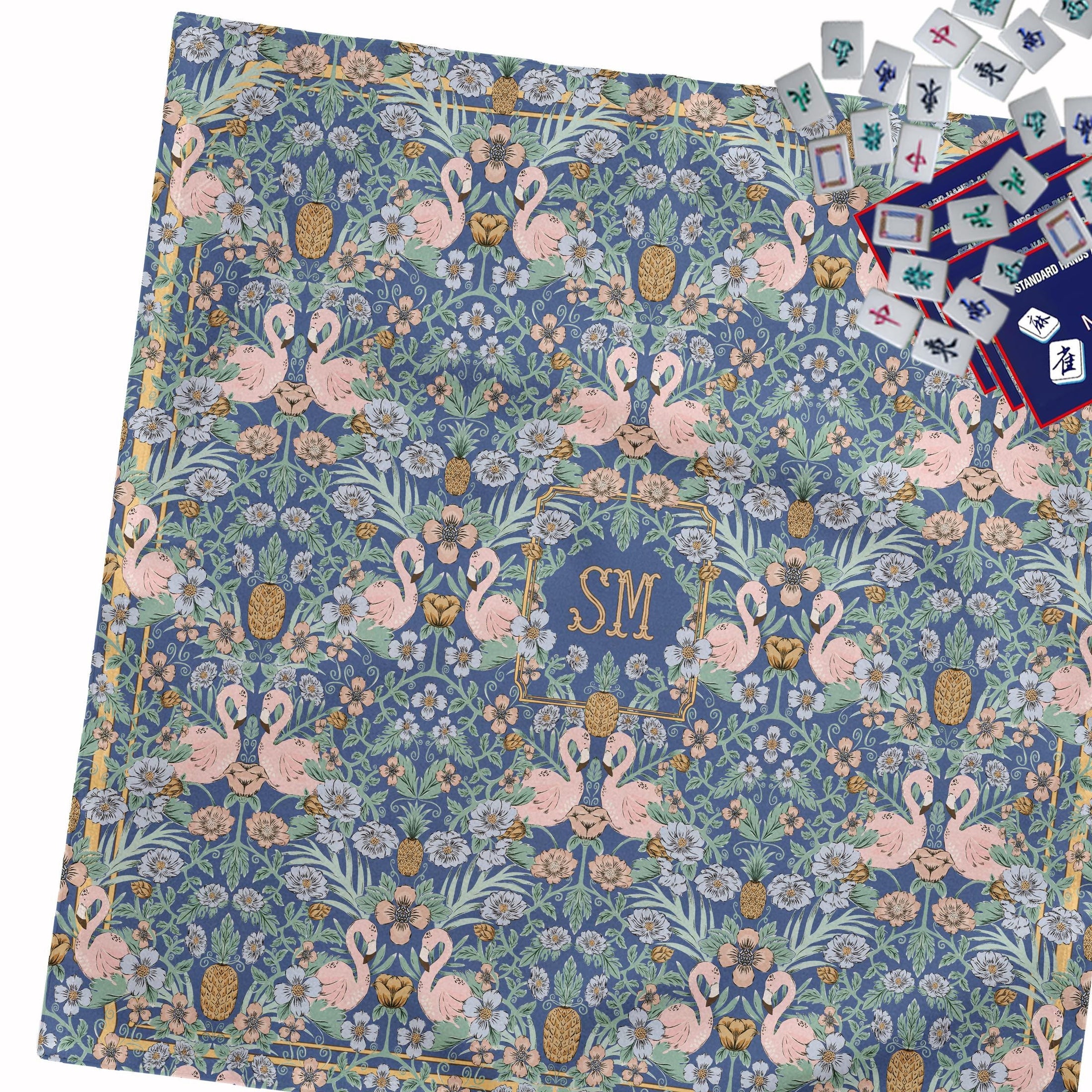 Custom Tablecloth, Card Game Cover, Mahjong Table Cover, Monogram, Personalized, Letter, Initial, Tropical Damask, Vintage Flamingo, Classy