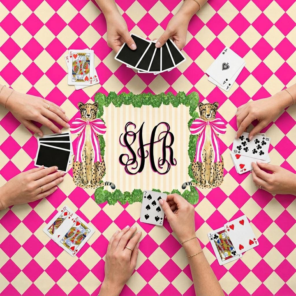 Custom Mahjong Tablecloth, Card Game Table Cover, Monogram, Personalized, Letter, Initial, Preppy, Leopards, Pink Checkers