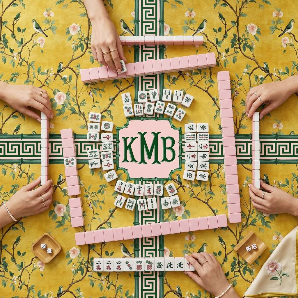 Custom Mahjong Tablecloth, Card Game Table Cover, Monogram, Personalized, Letter, Initial, Chinoiserie, Birds, Golden, Greek Key, Green Pink