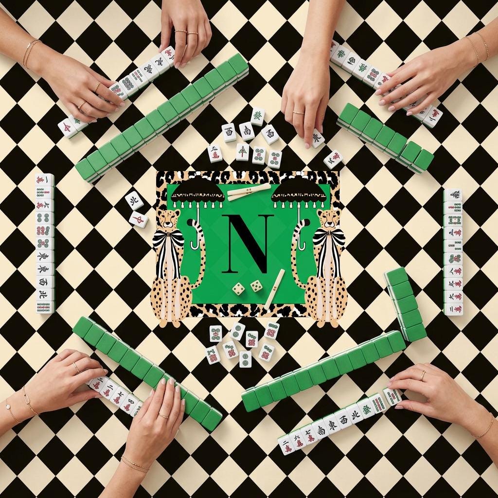 Custom Mahjong Tablecloth, Card Game Table Cover, Monogram, Personalized, Letter, Initial, Preppy, Cheetah, Leopards,Umbrella, Black Checker
