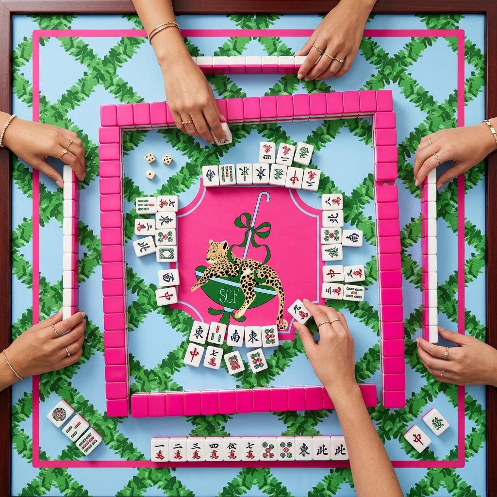 Custom Mahjong Tablecloth, Card Game Table Cover, Monogram, Personalized, Letter, Initial, Preppy, Cheetah, Leopards,Umbrella, Pink, Green