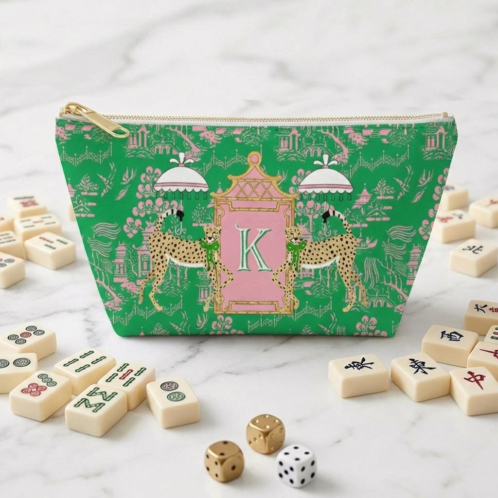 Custom Mahjong Zip Bag, Tile Pouch, Travel, Tech, Game Bag, Chinoiserie, Preppy, Large, Monogram, Personalized, Letter, Initial, Dice, Toile