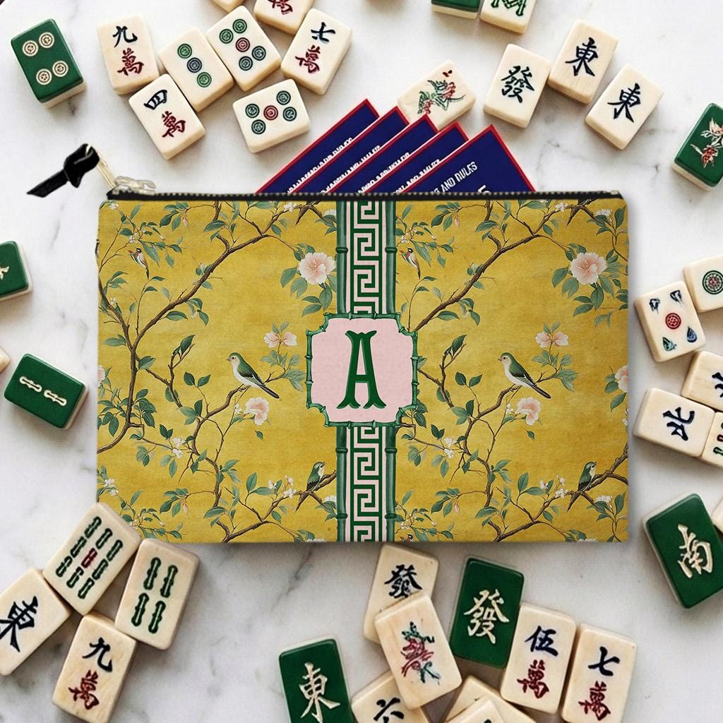 Custom Zip Mahjong Card Bag, Monogram, Personalized, Letter, Initial, Travel Pouch, Tech, Chinoiserie, Preppy, Golden Vintage Birds