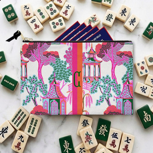 Custom Mahjong Zip Bag, Makeup Bag, Travel Pouch, Tech, Monogram, Personalized, Letter, Initial, Chinoiserie, Preppy, Pagoda, Bright Colors