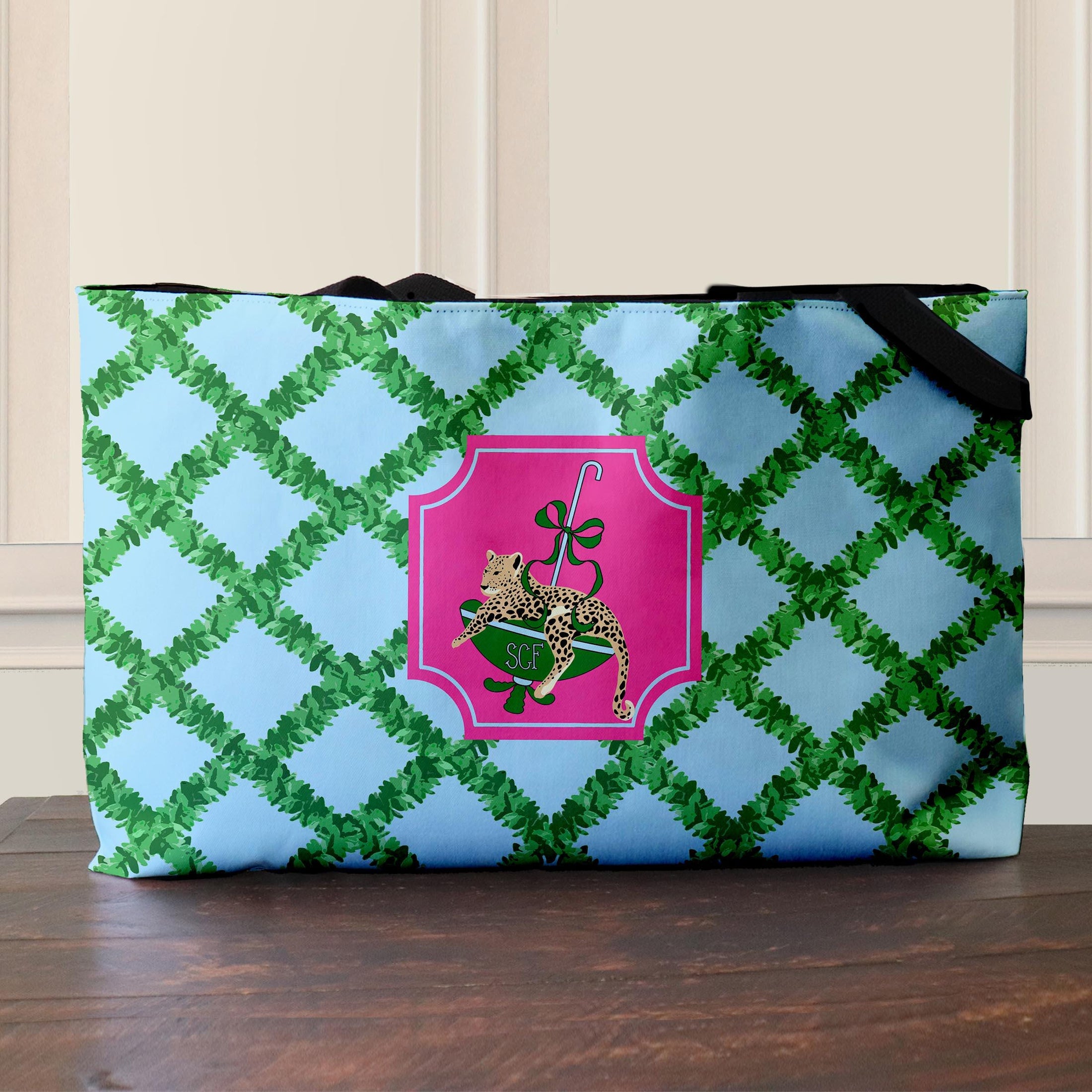 Custom Mahjong Tote Bag, Large Travel Bag, Monogram, Rope, Personalized, Letter, Initial, Dice, Leopards, Cheetah, Umbrella, Vines, Preppy