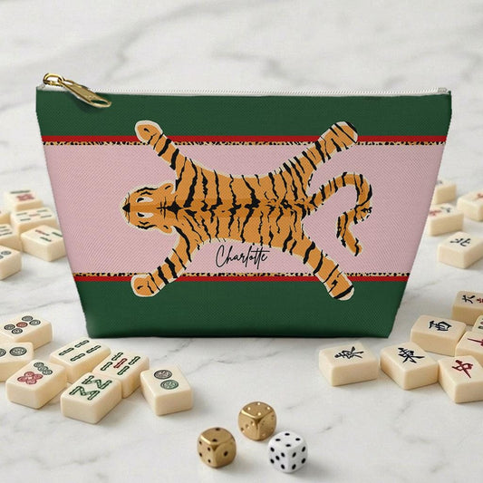 Custom Mahjong Zip Bag, Tile Pouch, Games, Large, Monogram, Personalized, Letter, Initial, Chinoiserie, Preppy, Tibetan Tiger, Stripes