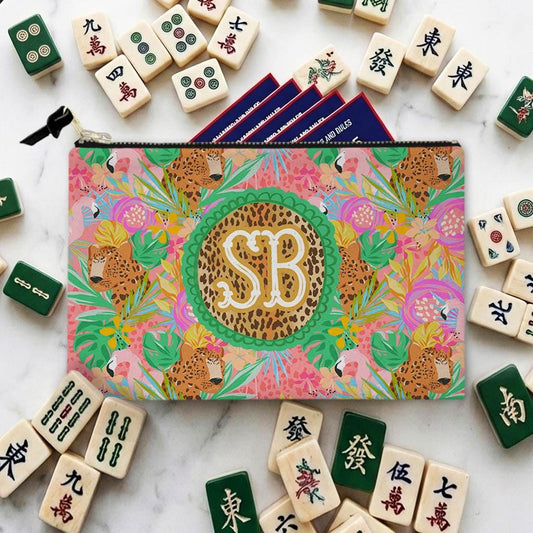 Custom Zip Mahjong Card Bag, Monogram, Personalized, Letter, Initial, Travel Pouch, Tech, Chinoiserie, Tibetan Tiger, Stripes, Preppy