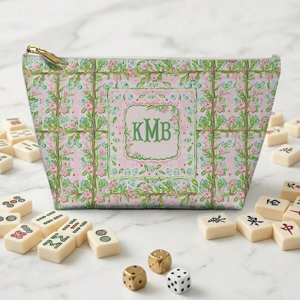 Custom Mahjong Zip Bag, Tile Pouch, Games, Large, Monogram, Personalized, Letter, Initial, Preppy, Dainty, Pastel, Whimsy Flowers and Twigs