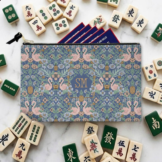 Custom Zip Mahjong Card Bag, Monogram, Personalized, Letter, Initial, Travel Pouch, Preppy, Vintage Flamingo, Pineapple, Classy, Blue, Pink