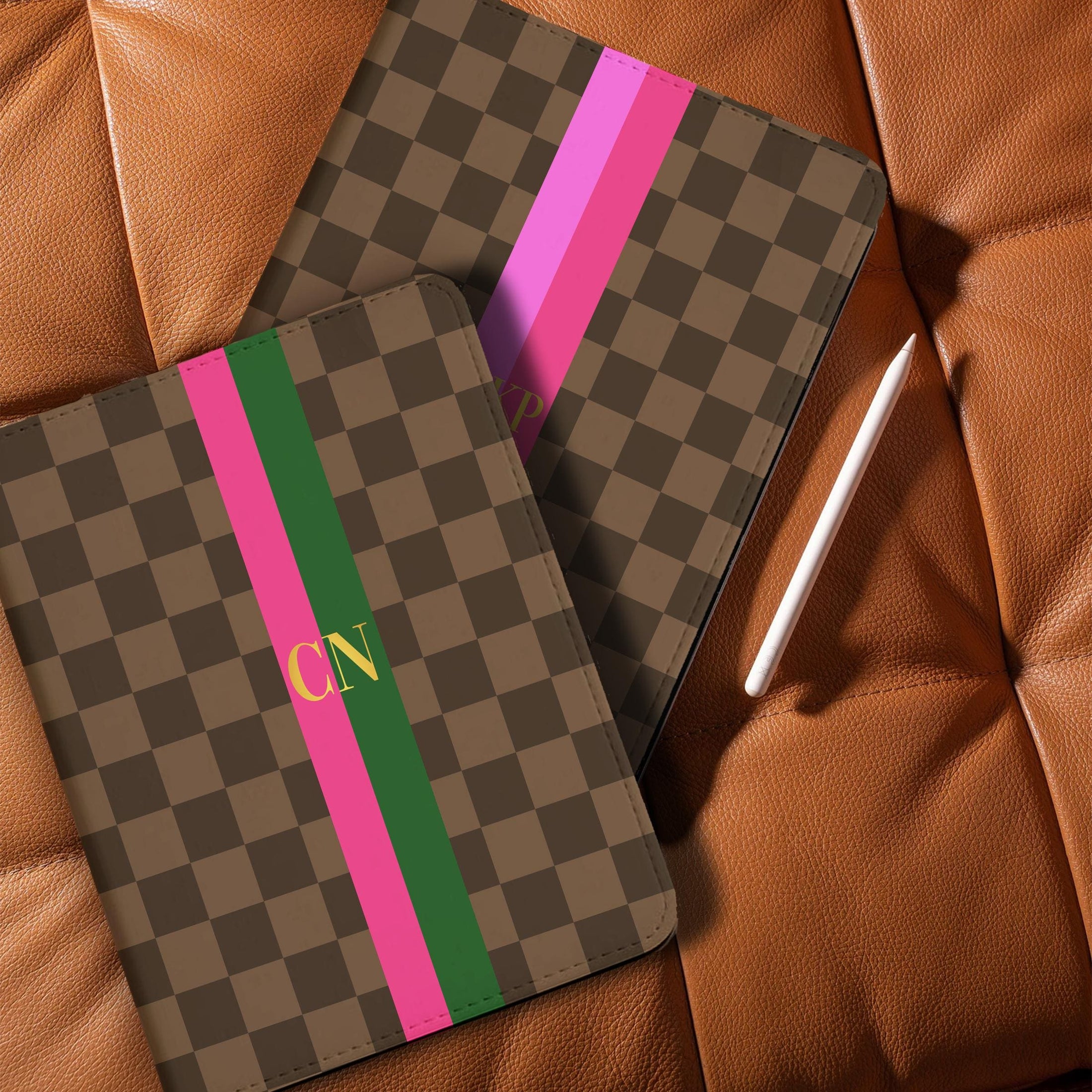 Personalized Ipad Case, Pro, Air, Mini, 11, 12.9, 13, Custom Cover, Monogram, Folio, Initials, Brown Checker, Stripe, Pink, Green, Red