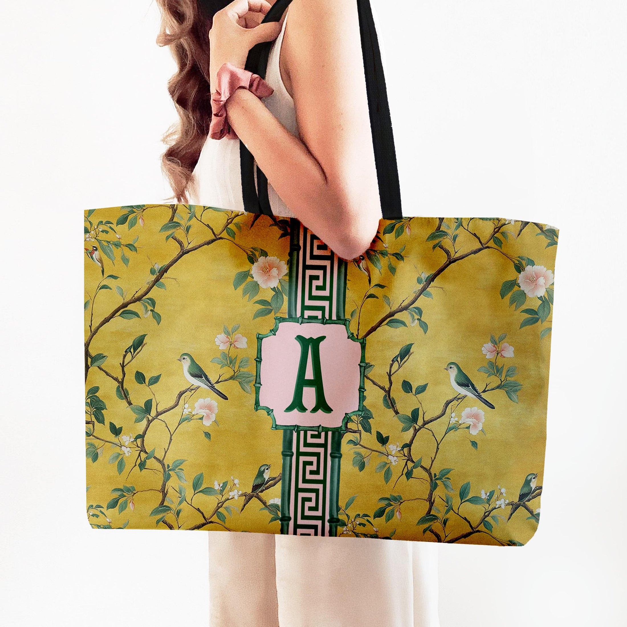 Custom Mahjong Tote Bag, Large Travel Bag, Monogram, Rope, Personalized, Letter, Initial, Dice, Golden Antique Chinoiserie, Vintage Birds