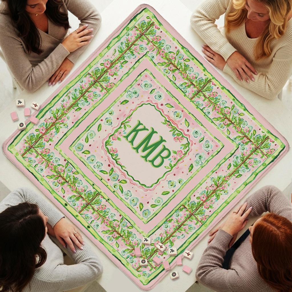 Custom Mahjong Mat, Personalized, Monogrammed, Letter, Initial, Cottage Core, Pastel Pink, Green, Grand Millennial