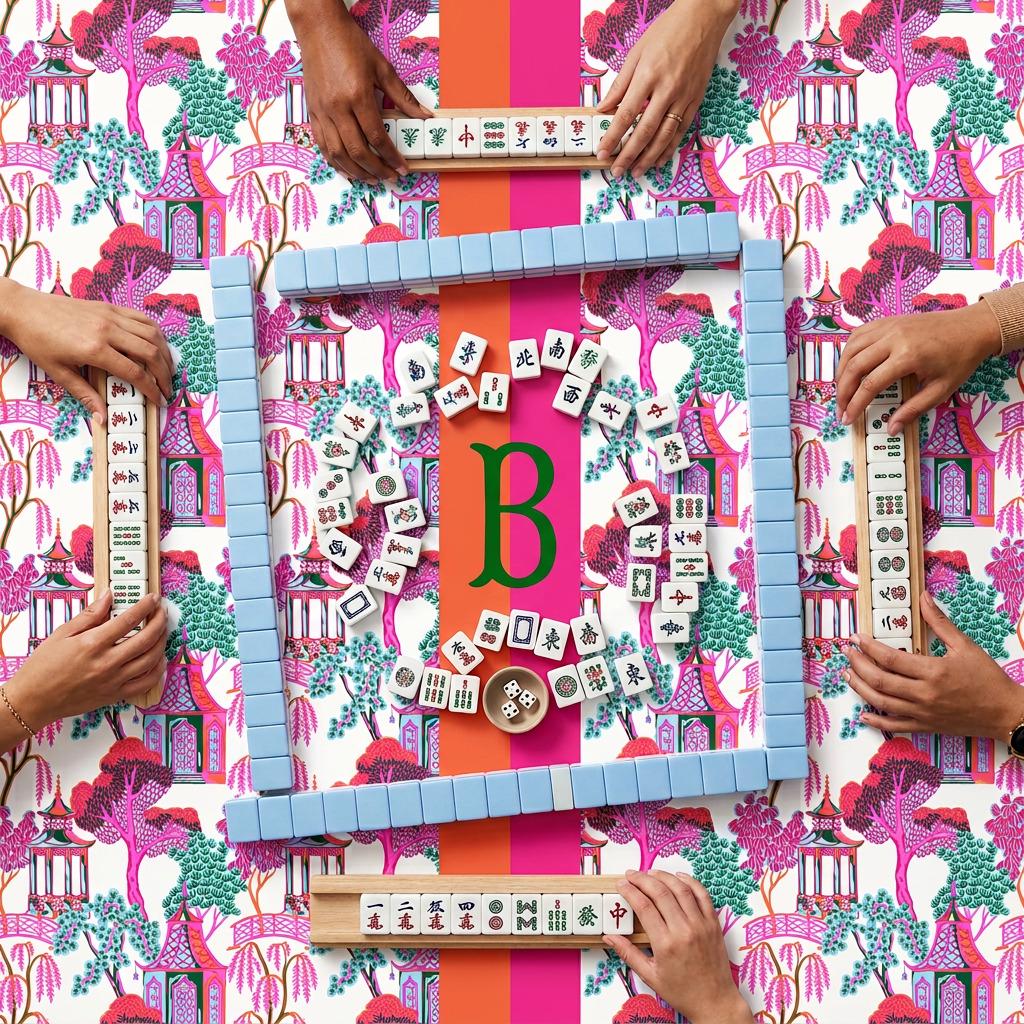 Custom Mahjong Mat, Personalized, Monogrammed, Bright, Stripe Preppy, Chinoiserie