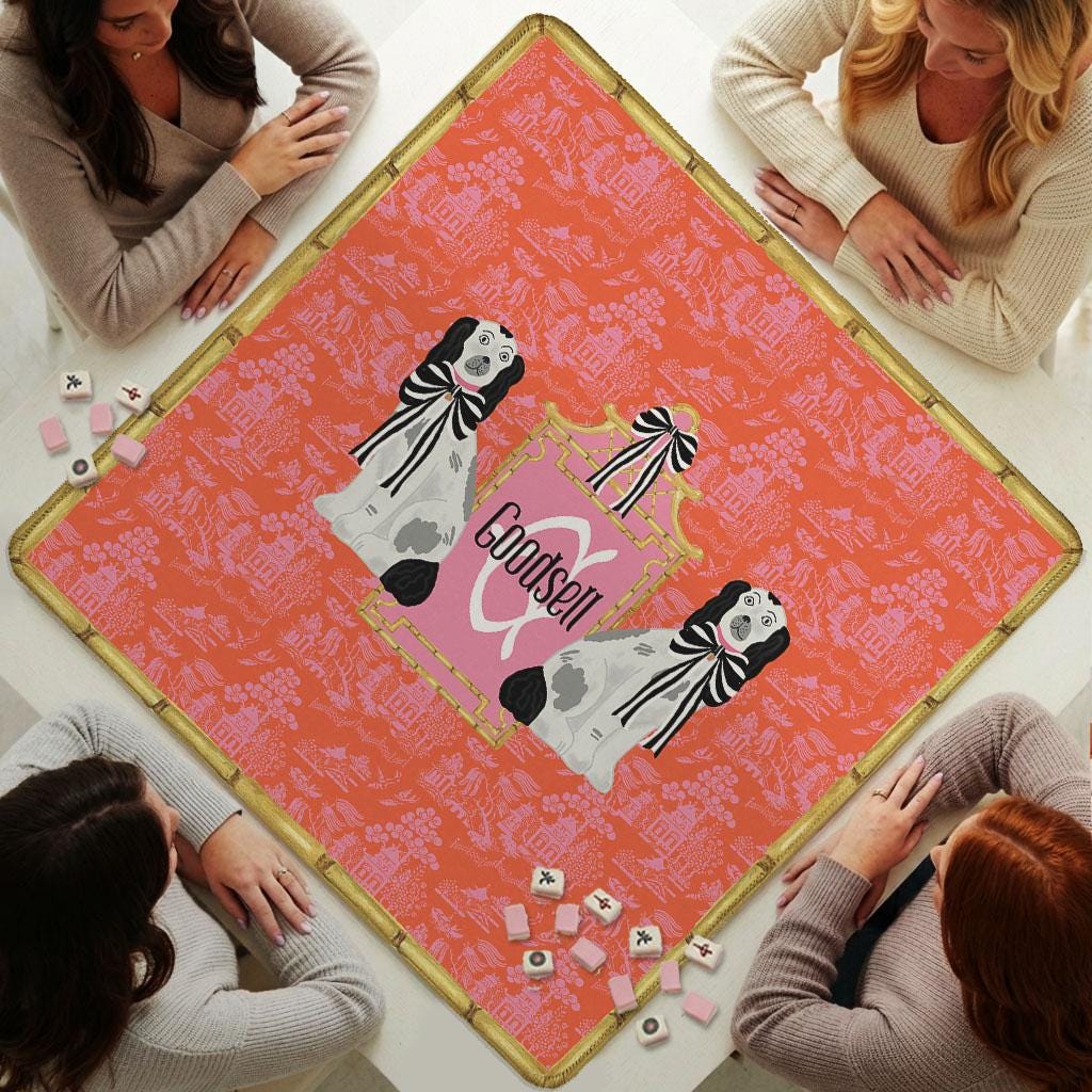 Custom Mahjong Mat, Personalized, Monogrammed, Letter, Initial, Preppy, Staffordshire Dogs, Chinoiserie, Pagoda