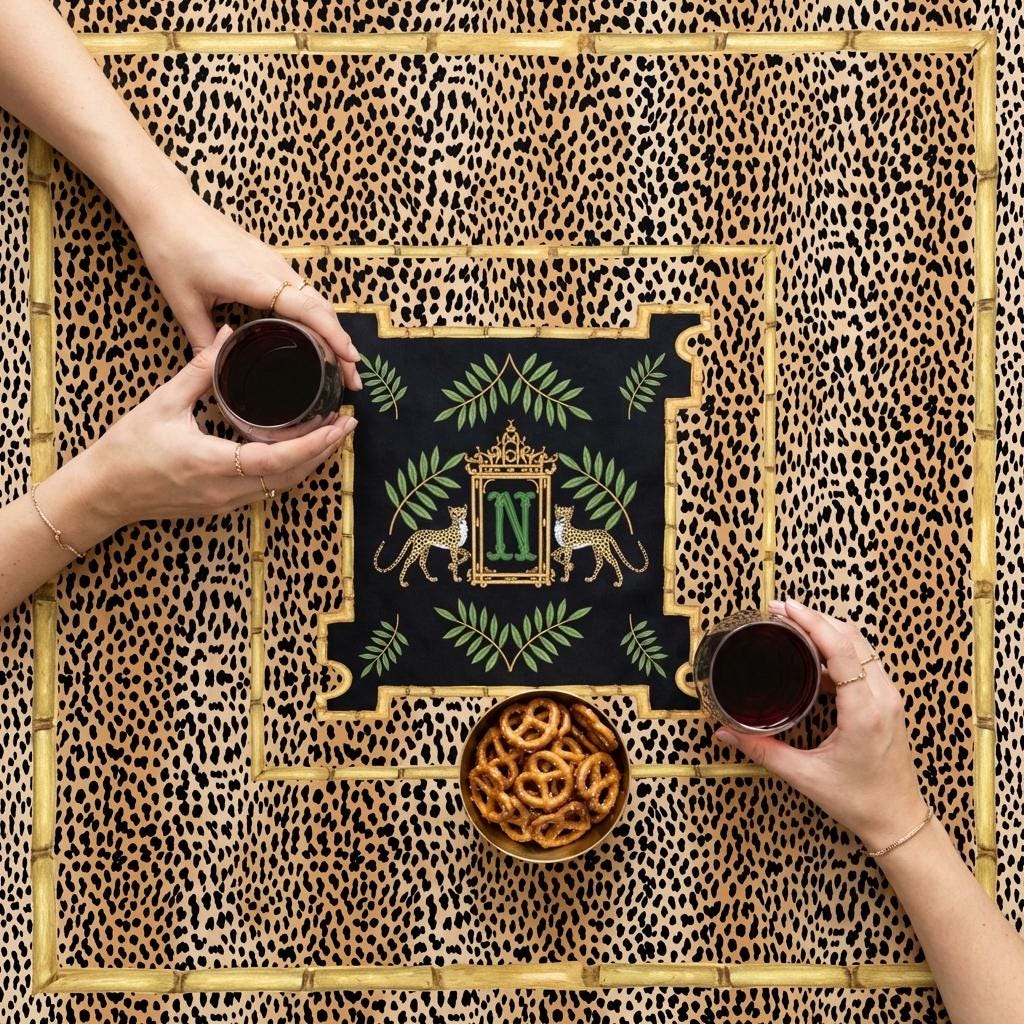 Custom Mahjong Tablecloth, Card Game Table Cover, Monogram, Personalized, Letter, Initial, Preppy, Cheetah, Leopards, Pagoda, Bamboo, Green