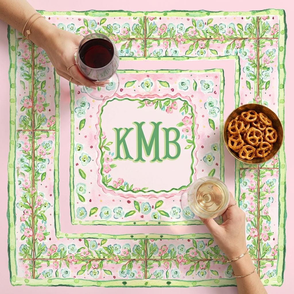 Custom Mahjong Tablecloth, Card Game Table Cover, Monogram, Personalized, Letter, Initial, Preppy, Pastel Watercolor Flowers
