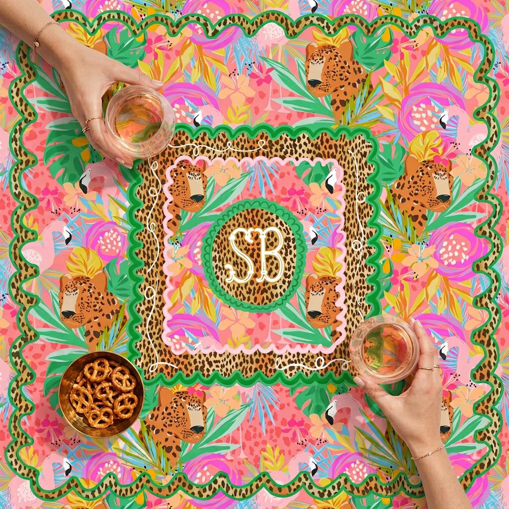 Custom Mahjong Tablecloth, Card Game Cover, Monogram, Personalized, Letter, Initial, Chinoiserie, Leopard, Cheetah, Bright Pink, Green,