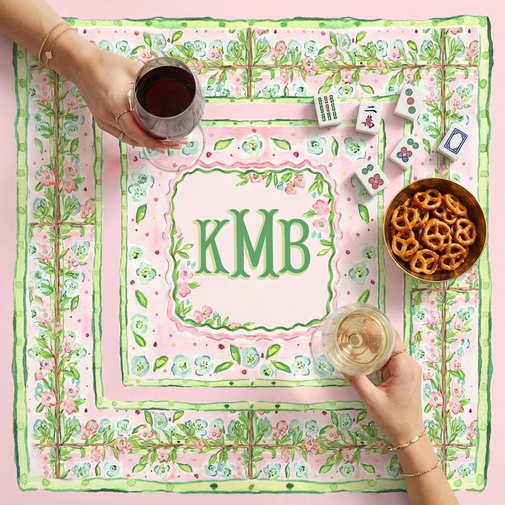 Custom Mahjong Tablecloth, Card Game Table Cover, Monogram, Personalized, Letter, Initial, Preppy, Pastel Watercolor Flowers