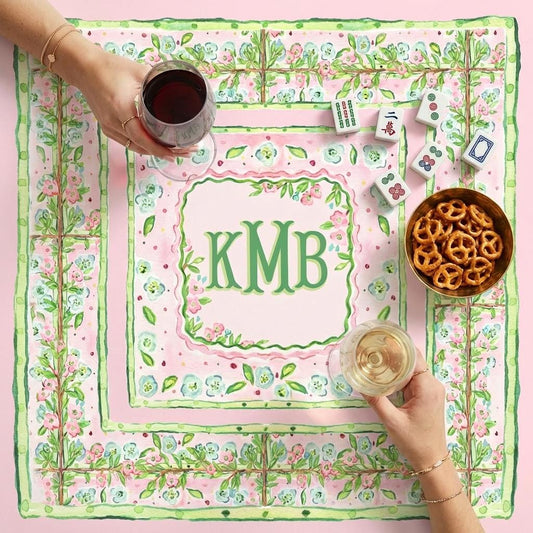 Custom Mahjong Tablecloth, Card Game Table Cover, Monogram, Personalized, Letter, Initial, Preppy, Pastel Watercolor Flowers