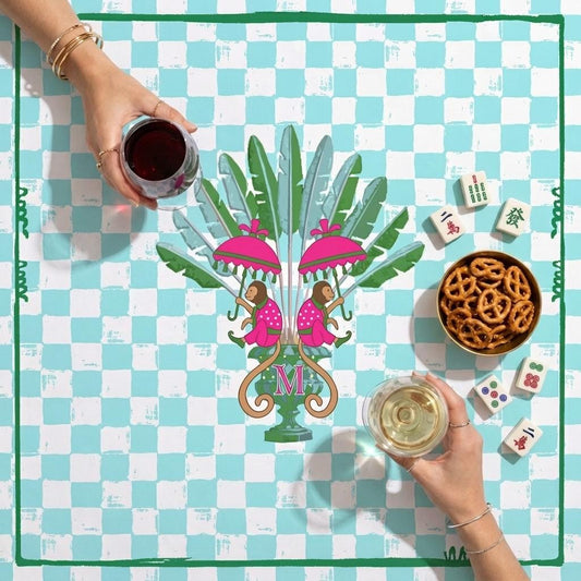 Custom Mahjong Tablecloth, Card Game Table Cover, Monogram, Personalized, Letter, Initial, Preppy Monkeys, Checker, Tropical Pink