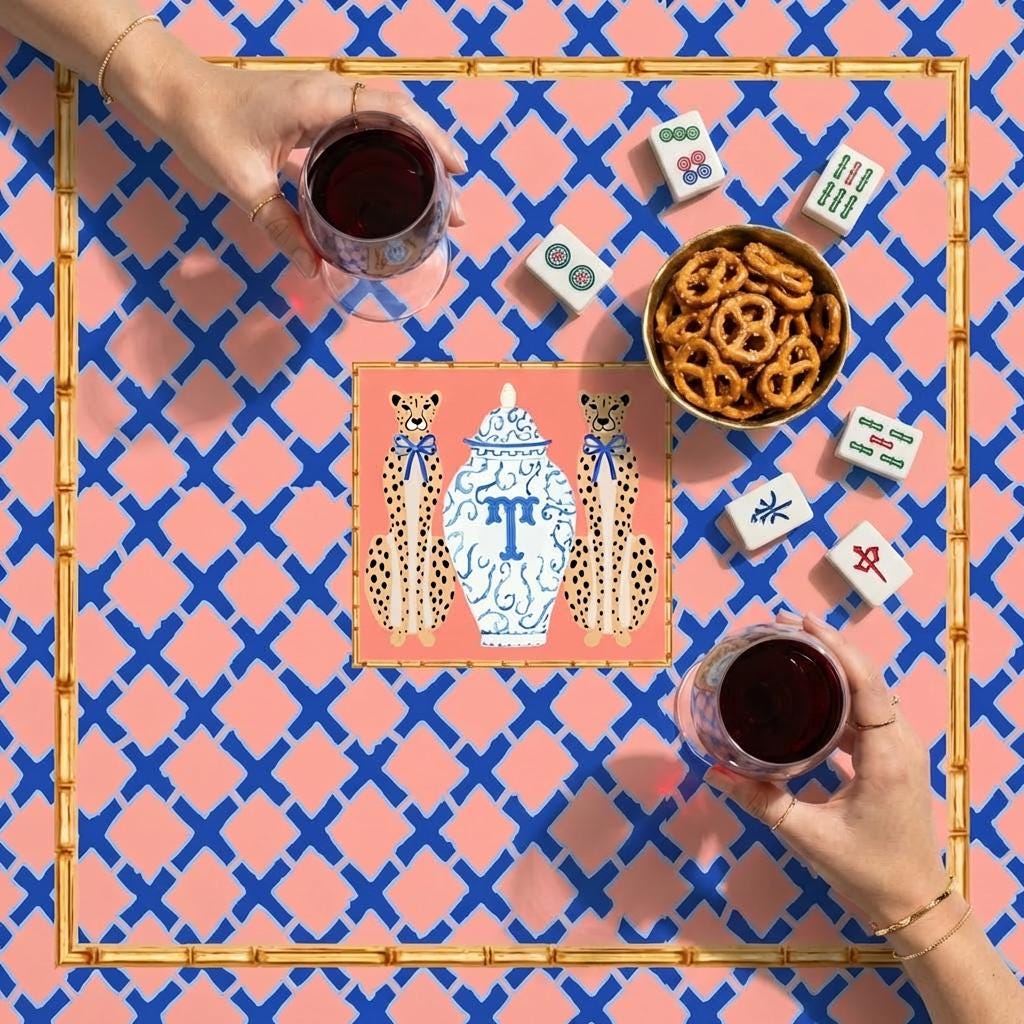 Custom Mahjong Tablecloth, Card Game Table Cover, Monogram, Personalized, Letter, Initial, Preppy, Ginger Jar, Leopards, Peachy Blue
