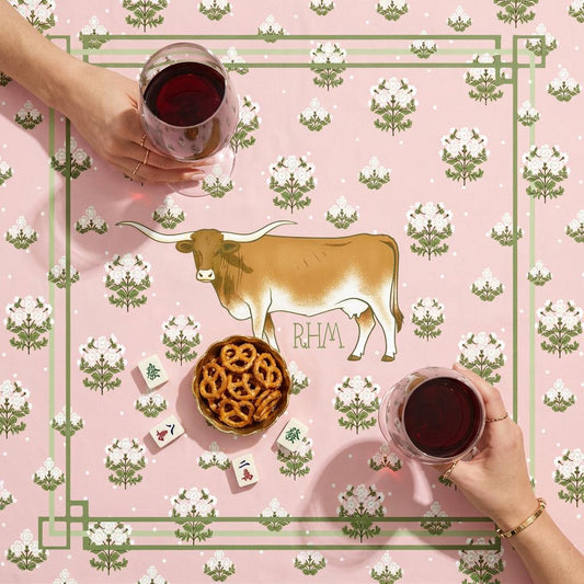 Custom Mahjong Tablecloth, Card Game Table Cover, Monogram, Personalized, Pastel Cottage Core, Longhorn Cattle Cow, Preppy, Grand Millennial