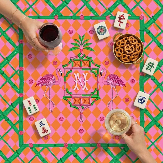 Custom Mahjong Tablecloth, Card Game Table Cover, Monogram, Personalized, Letter, Initial, Preppy, Chinoiserie, Flamingos, Pagoda, Bamboo