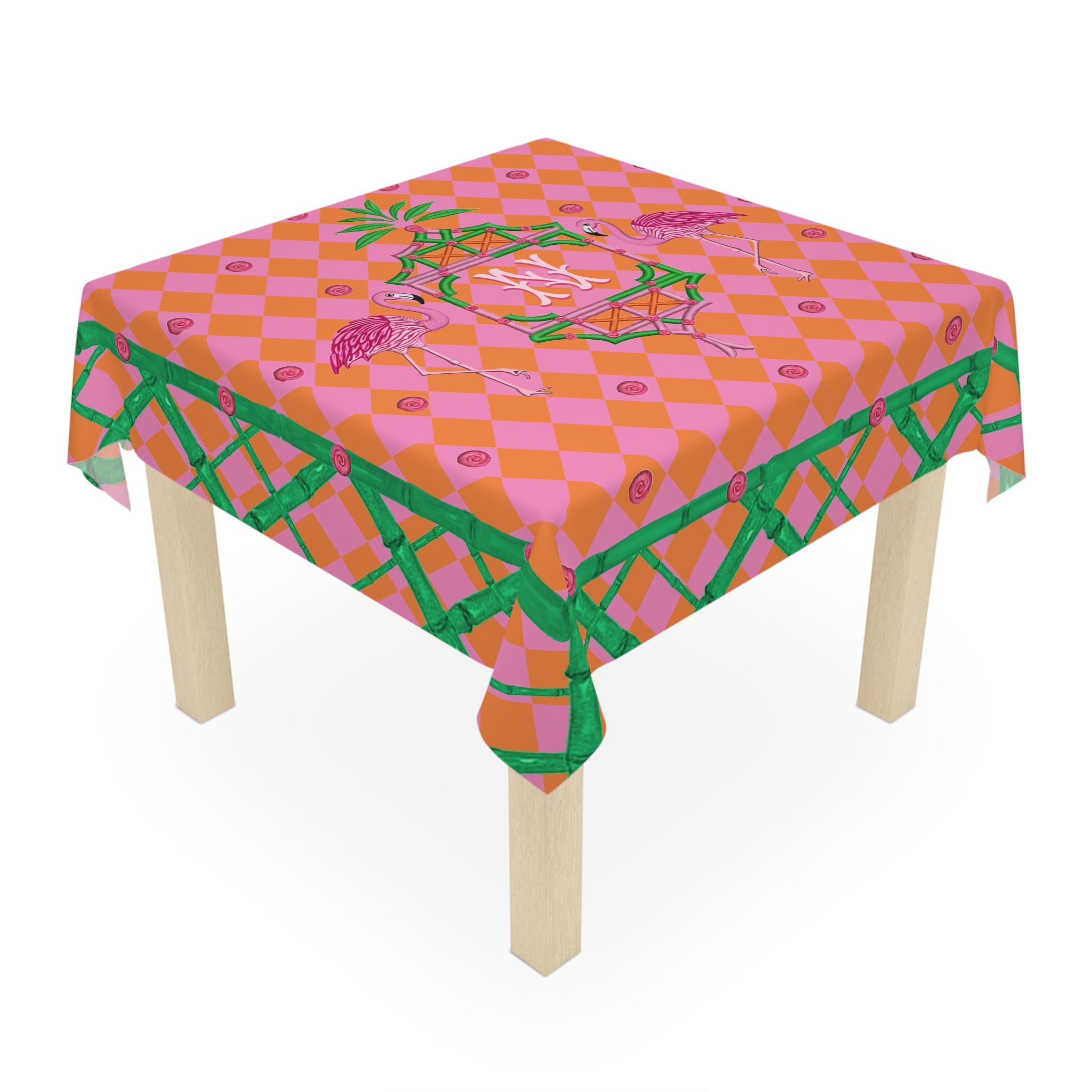 Custom Mahjong Tablecloth, Card Game Table Cover, Monogram, Personalized, Letter, Initial, Preppy, Chinoiserie, Flamingos, Pagoda, Bamboo