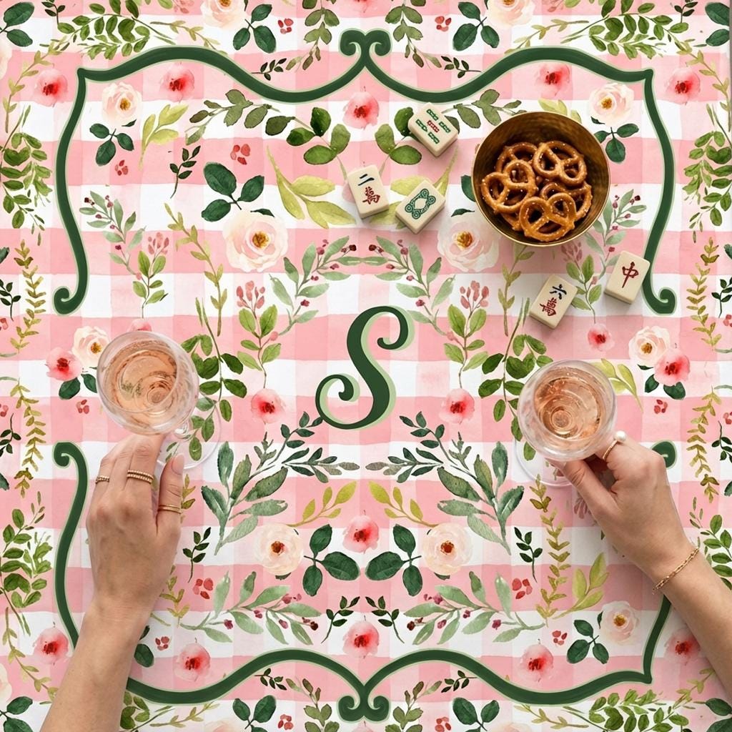 Custom Mahjong Tablecloth, Card Game Table Cover, Monogram, Personalized, Letter, Initial, Preppy, Flowers, Cottage Core, Peachy Pink, Green
