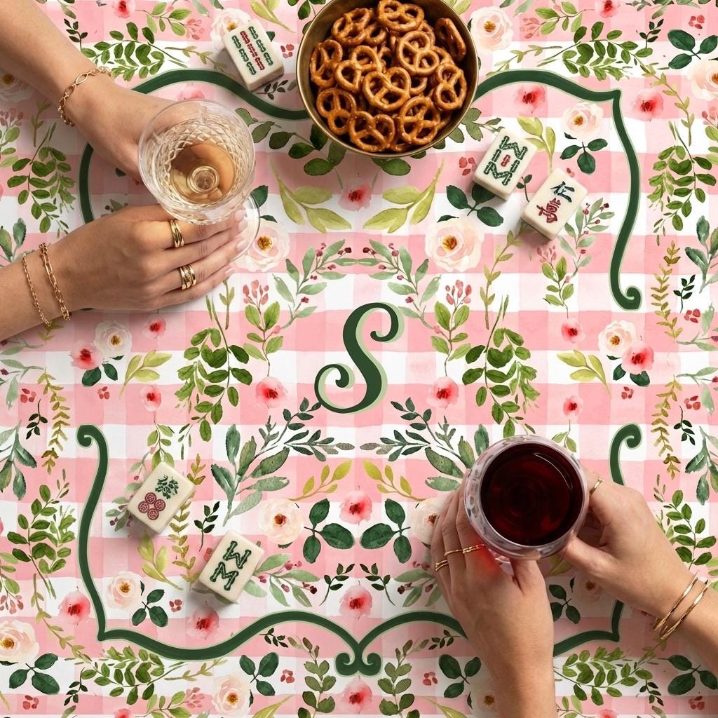 Custom Mahjong Tablecloth, Card Game Table Cover, Monogram, Personalized, Letter, Initial, Preppy, Flowers, Cottage Core, Peachy Pink, Green