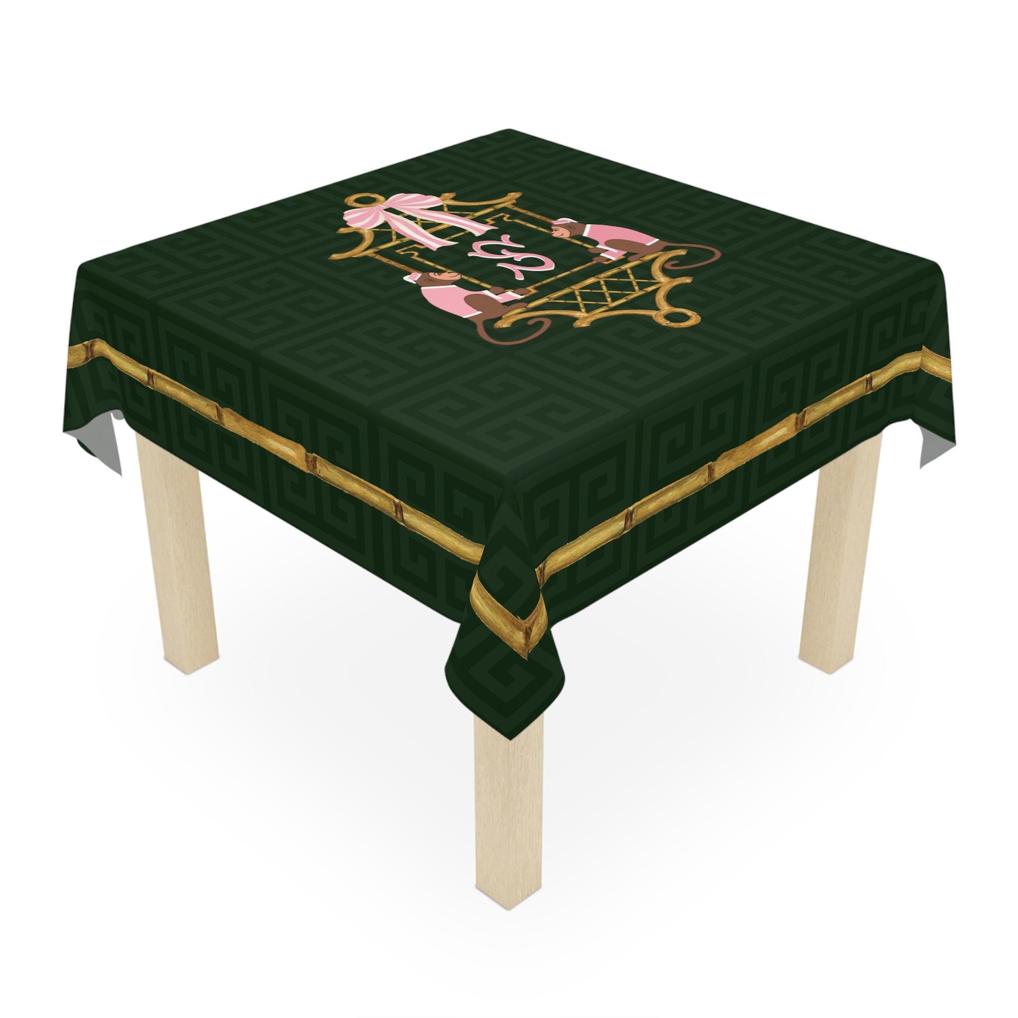 Custom Mahjong Tablecloth, Card Game Table Cover, Monogram, Personalized, Letter, Initial, Preppy, Chinoiserie, Pink Monkeys, Pagoda, Bamboo