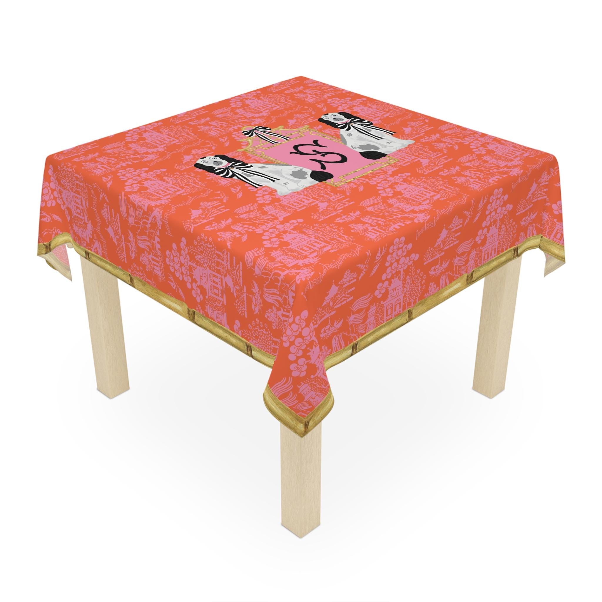 Custom Mahjong Tablecloth, Card Game Table Cover, Monogram, Personalized, Initial, Preppy, Chinoiserie, Pink Orange, Staffordshire Dogs