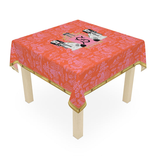 Custom Mahjong Tablecloth, Card Game Table Cover, Monogram, Personalized, Initial, Preppy, Chinoiserie, Pink Orange, Staffordshire Dogs