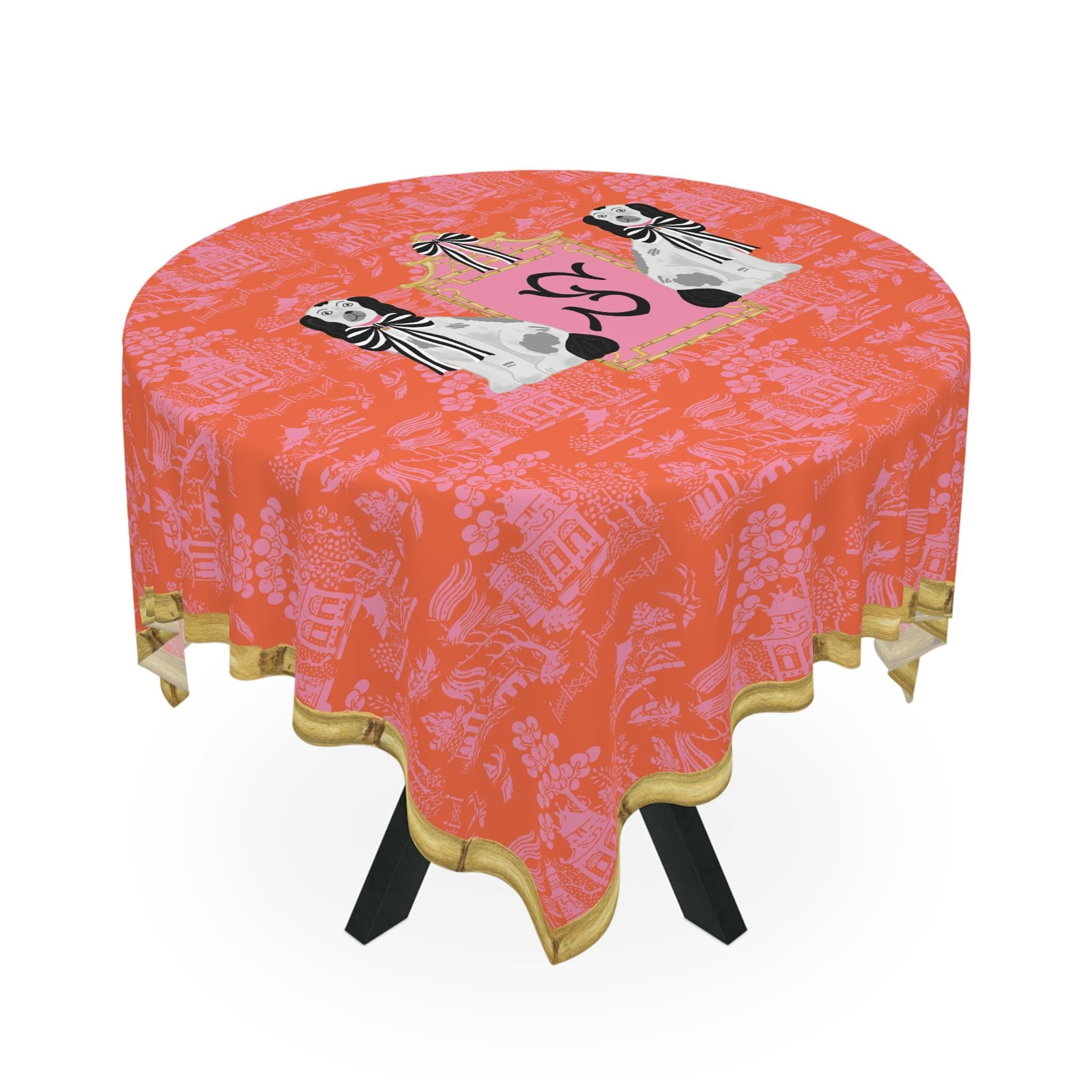 Custom Mahjong Tablecloth, Card Game Table Cover, Monogram, Personalized, Initial, Preppy, Chinoiserie, Pink Orange, Staffordshire Dogs