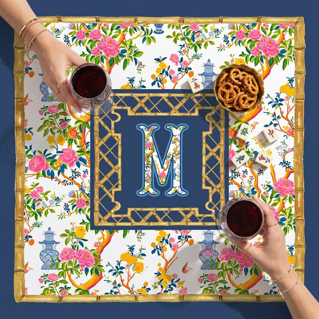 Custom Mahjong Tablecloth, Card Game Table Cover, Monogram, Personalized, Letter, Initial, Preppy, Chinoiserie, Ginger Jars, Pagoda, Bamboo