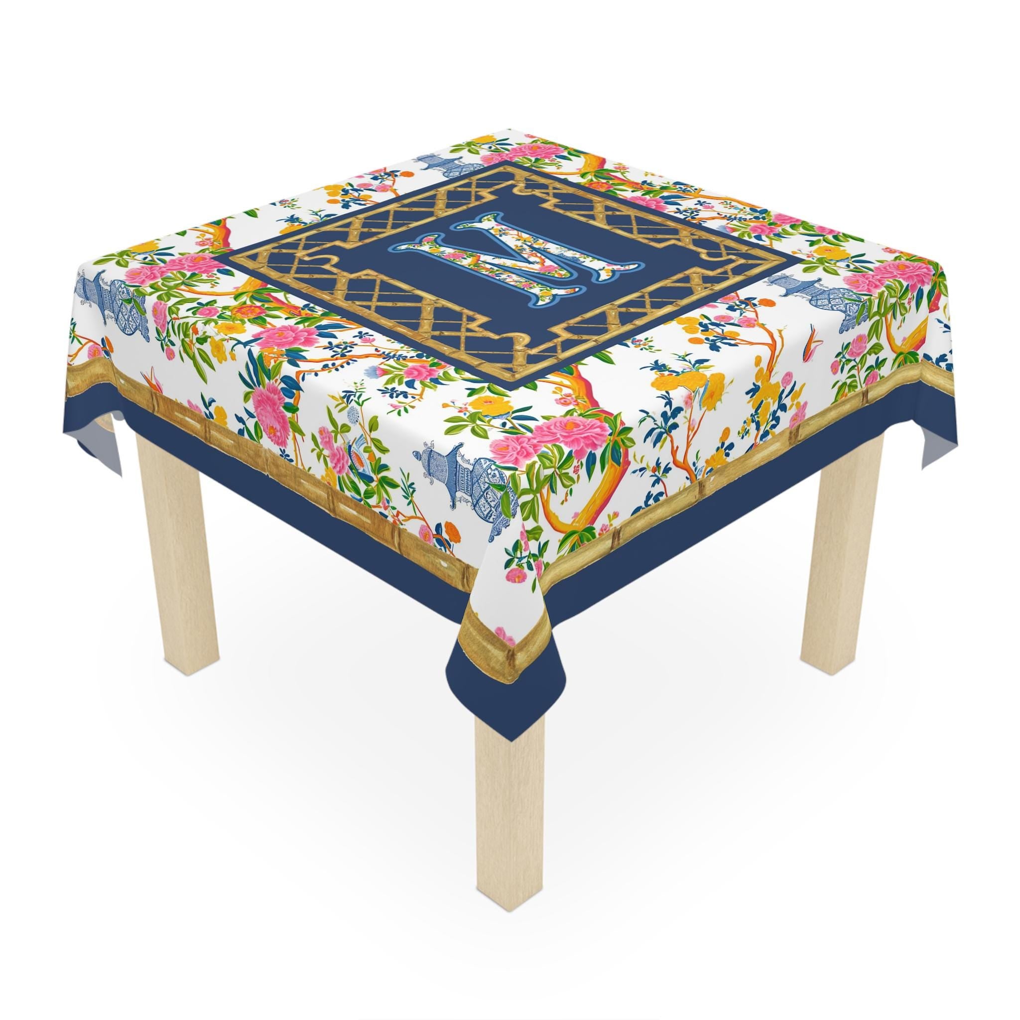 Custom Mahjong Tablecloth, Card Game Table Cover, Monogram, Personalized, Letter, Initial, Preppy, Chinoiserie, Ginger Jars, Pagoda, Bamboo
