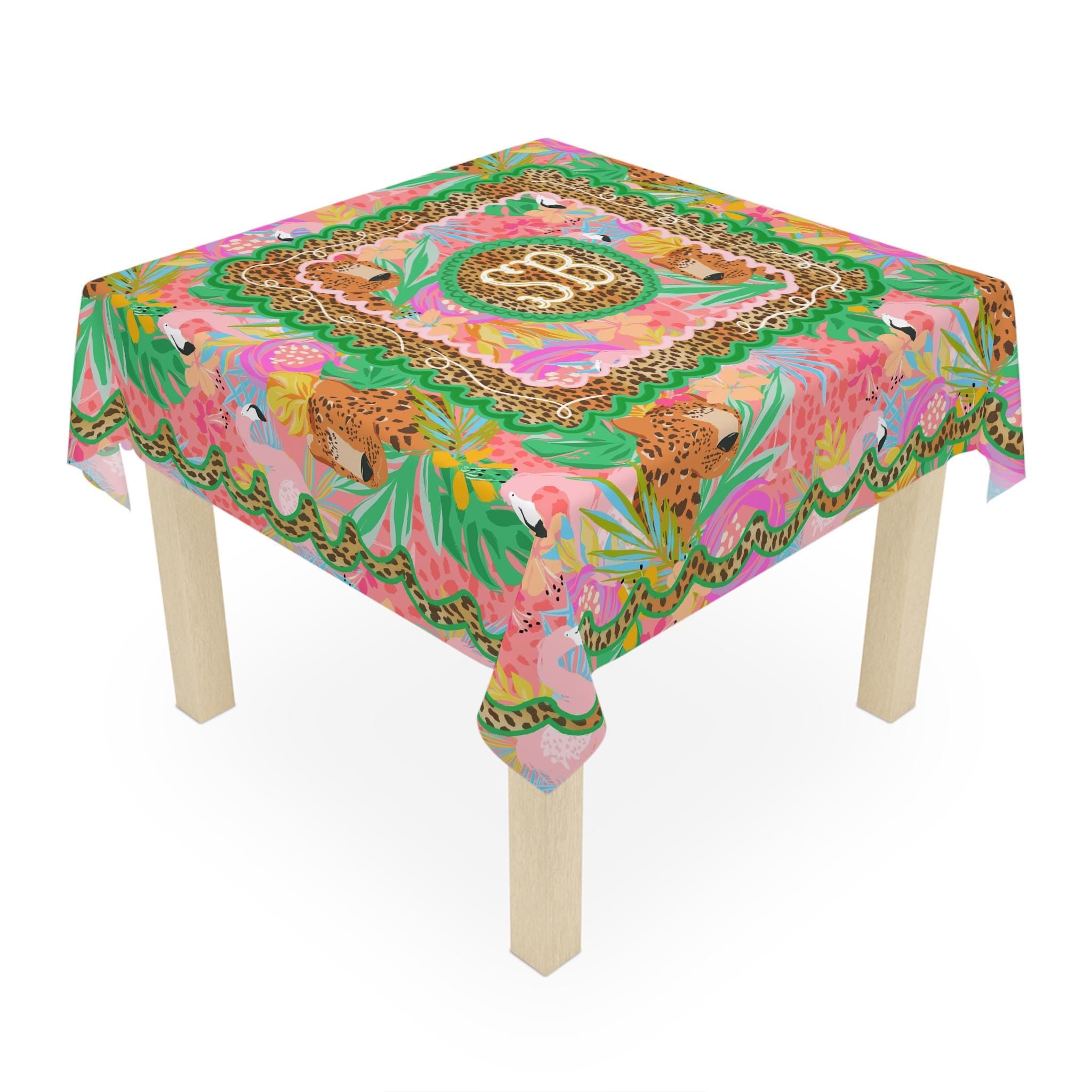 Custom Mahjong Tablecloth, Card Game Cover, Monogram, Personalized, Letter, Initial, Chinoiserie, Leopard, Cheetah, Bright Pink, Green,