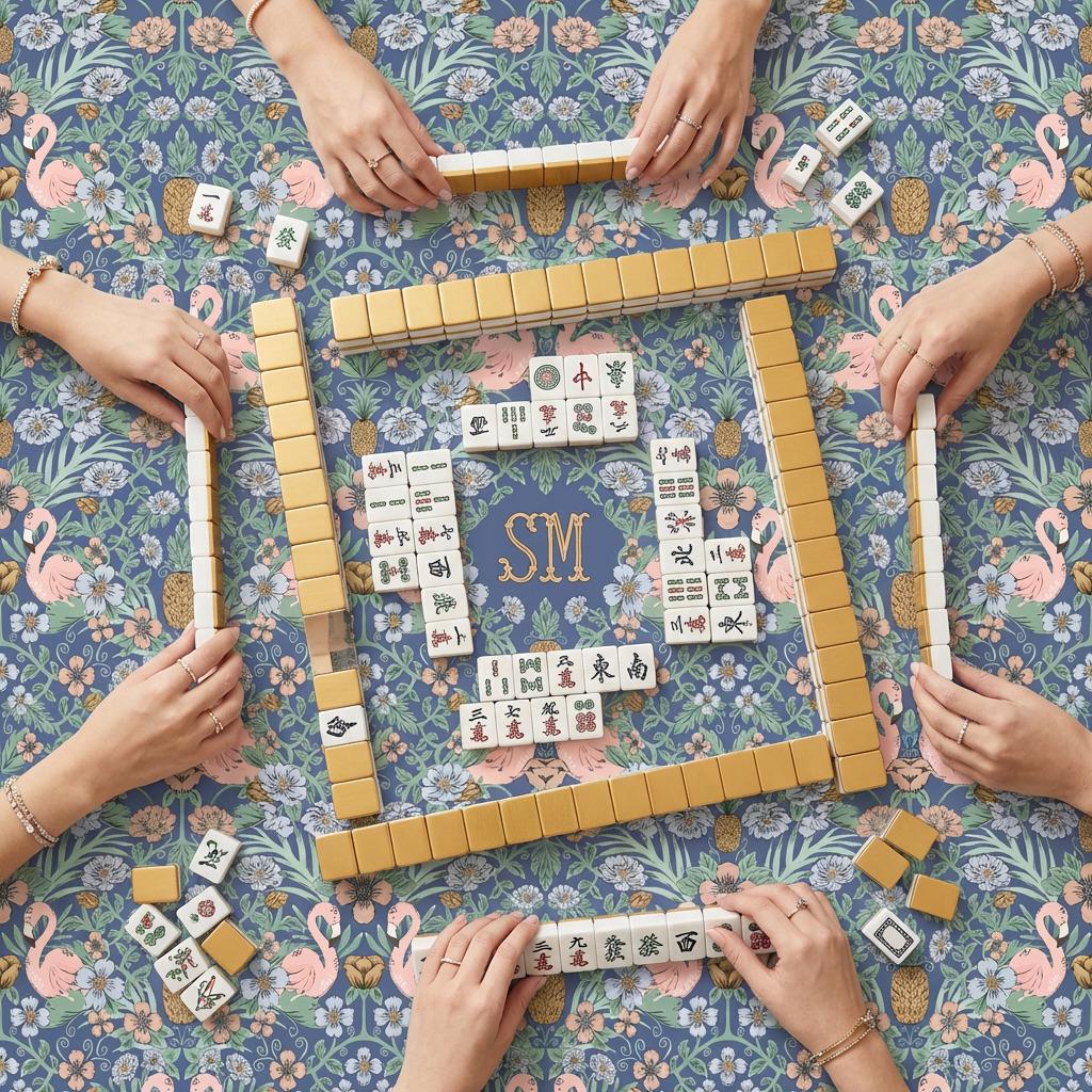 Custom Tablecloth, Card Game Cover, Mahjong Table Cover, Monogram, Personalized, Letter, Initial, Tropical Damask, Vintage Flamingo, Classy