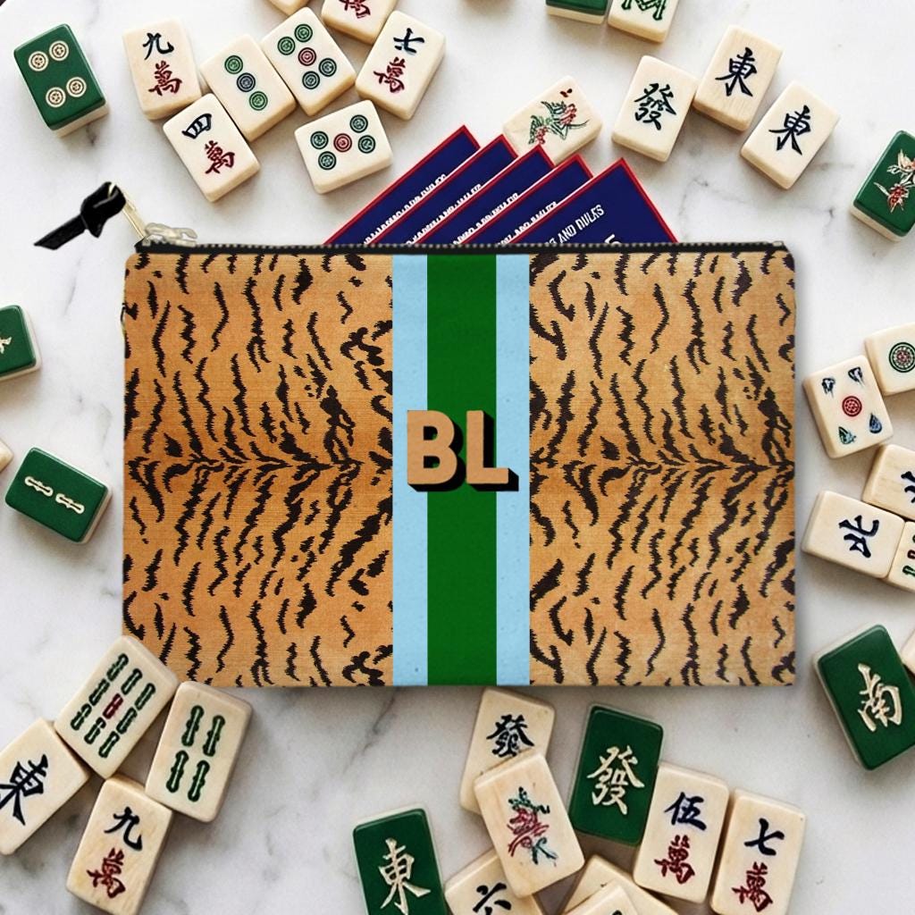 Custom Mahjong Zip Bag, Tile Pouch, Game Bag, Preppy, Large, Monogram, Personalized, Letter, Initial, Tortoise, Leopard