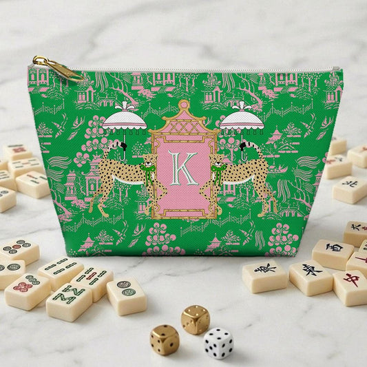 Custom Mahjong Zip Bag, Tile Pouch, Travel, Tech, Game Bag, Chinoiserie, Preppy, Large, Monogram, Personalized, Letter, Initial, Dice, Toile