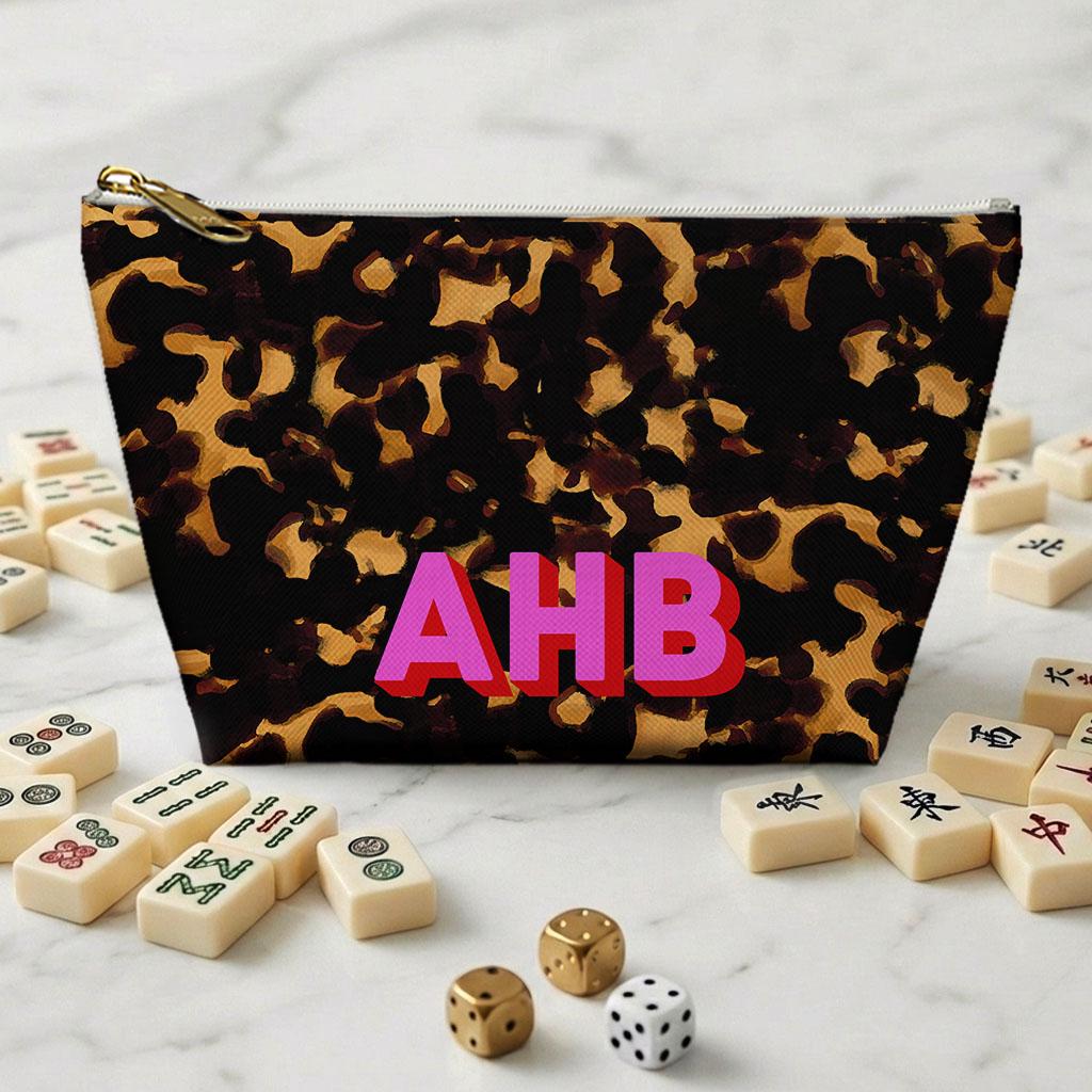 Custom Mahjong Zip Bag, Tile Pouch, Game Bag, Preppy, Large, Monogram, Personalized, Letter, Initial, Tortoise, Leopard