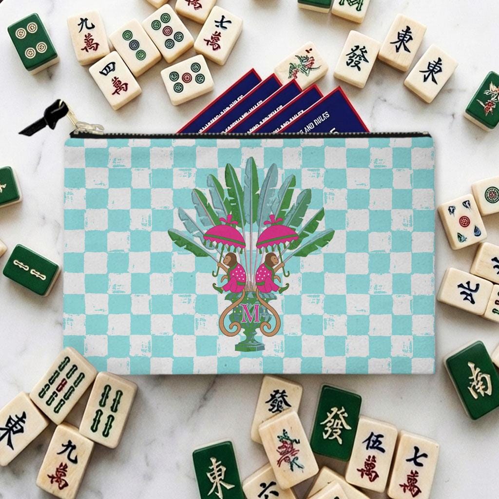 Custom Zip Mahjong Card Bag, Monogram, Personalized, Letter, Initial, Travel Pouch, Tech, Chinoiserie, Preppy, Monkey Checker, Palm