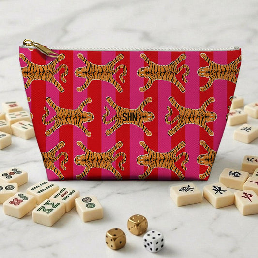 Custom Mahjong Zip Bag, Tile Pouch, Games, Large, Monogram, Personalized, Letter, Initial, Chinoiserie, Preppy, Tibetian Tigers, Stripes