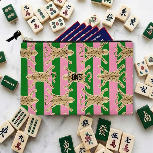 Custom Zip Mahjong Card Bag, Monogram, Personalized, Letter, Initial, Travel Pouch, Tech, Chinoiserie, Preppy, Leopard, Cheetah Rug, Stripes