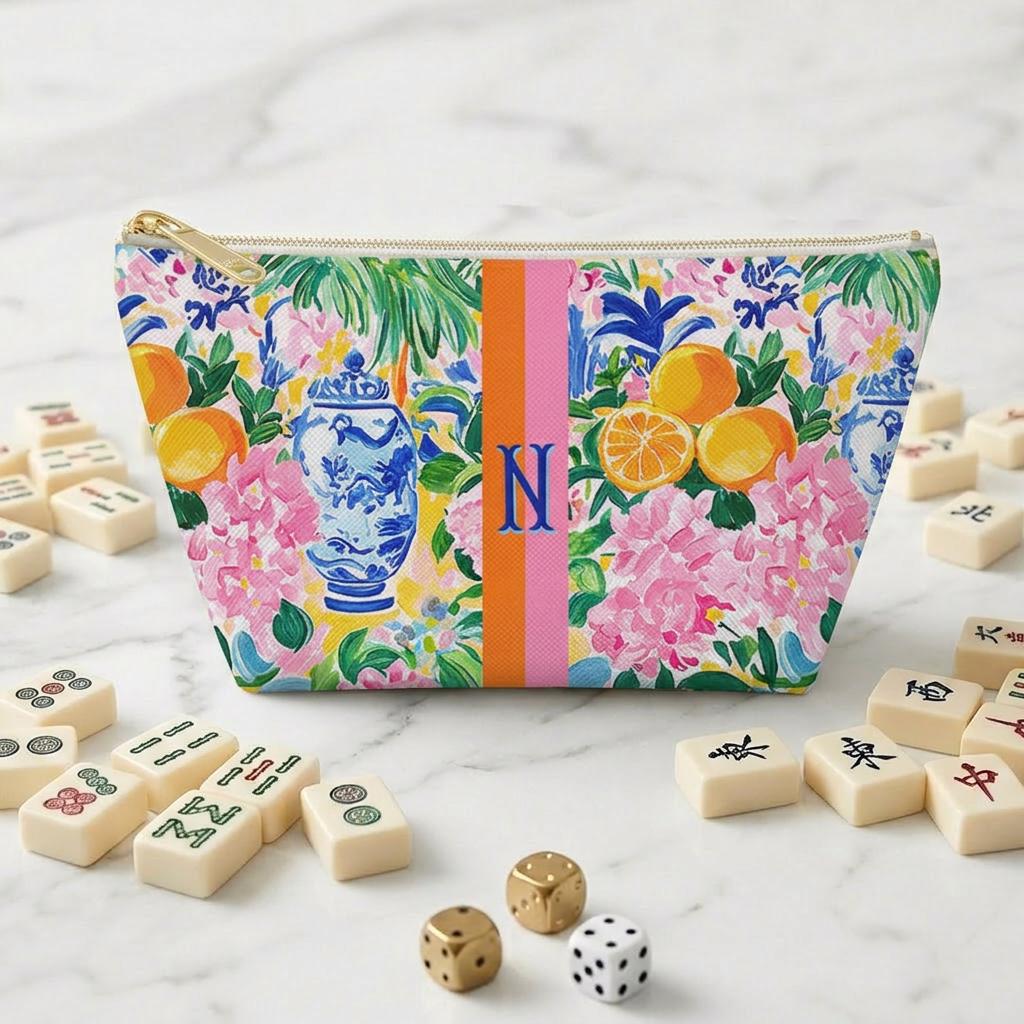 Custom Mahjong Zip Bag, Tile Pouch, Games, Large, Monogram, Personalized, Letter, Initial, Preppy, Ginger jar, Oranges, Chinoiserie