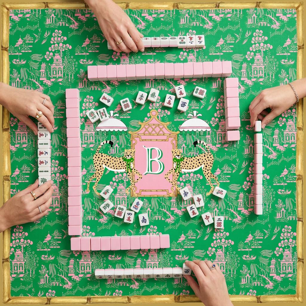Custom Mahjong Mat, Personalized, Monogrammed, Palm Beach Leopard, Preppy, Chinoiserie