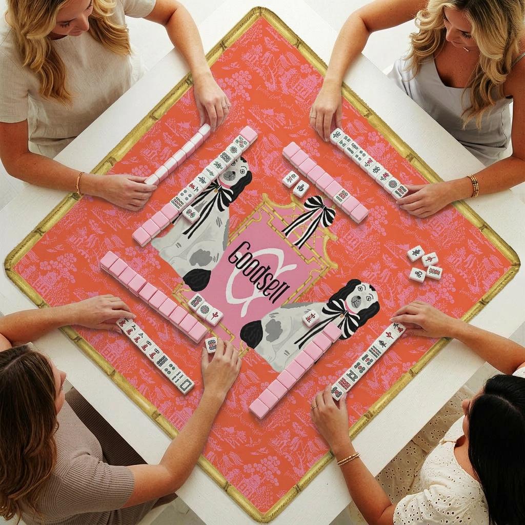 Custom Mahjong Mat, Personalized, Monogrammed, Letter, Initial, Preppy, Staffordshire Dogs, Chinoiserie, Pagoda