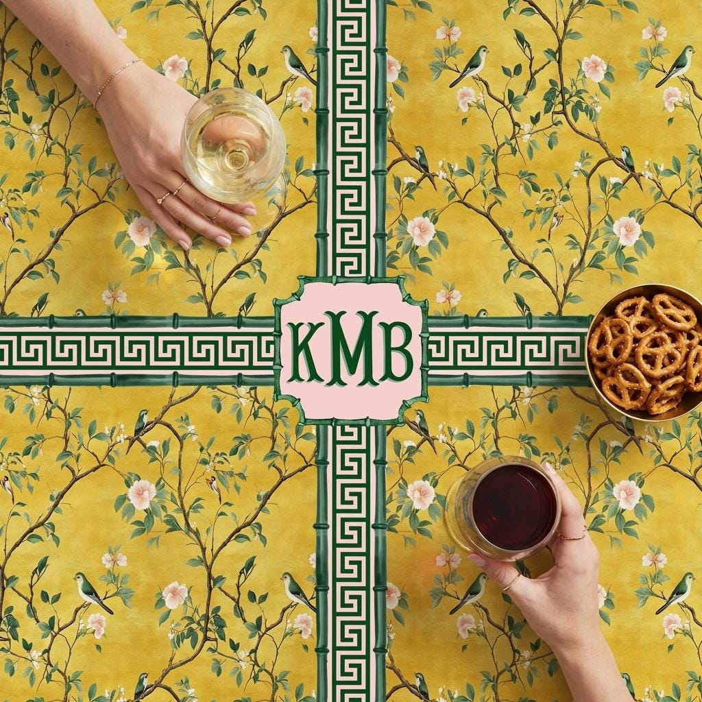 Custom Mahjong Tablecloth, Card Game Table Cover, Monogram, Personalized, Letter, Initial, Chinoiserie, Birds, Golden, Greek Key, Green Pink
