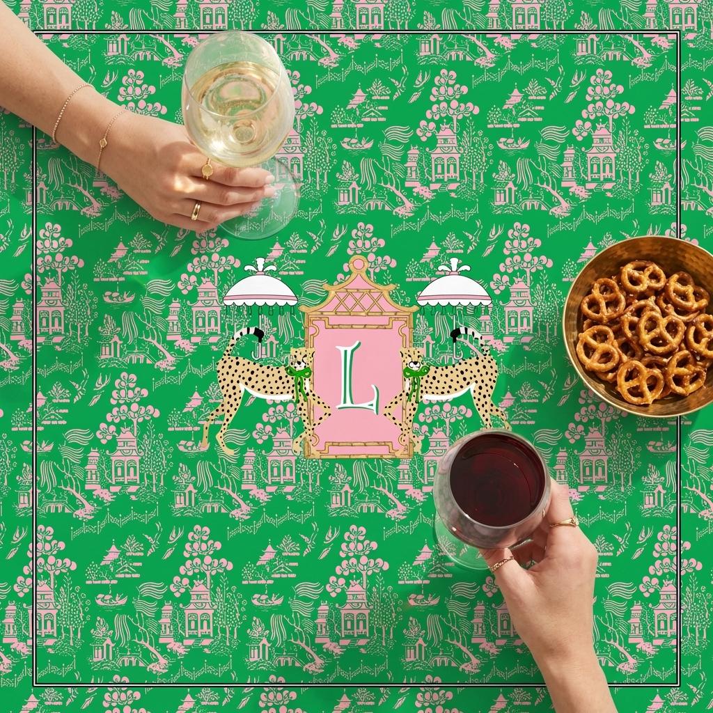 Custom Mahjong Tablecloth, Card Game Cover, Monogram, Personalized, Letter, Initial, Chinoiserie, Leopard, Cheetah, Umbrella, Pink, Green