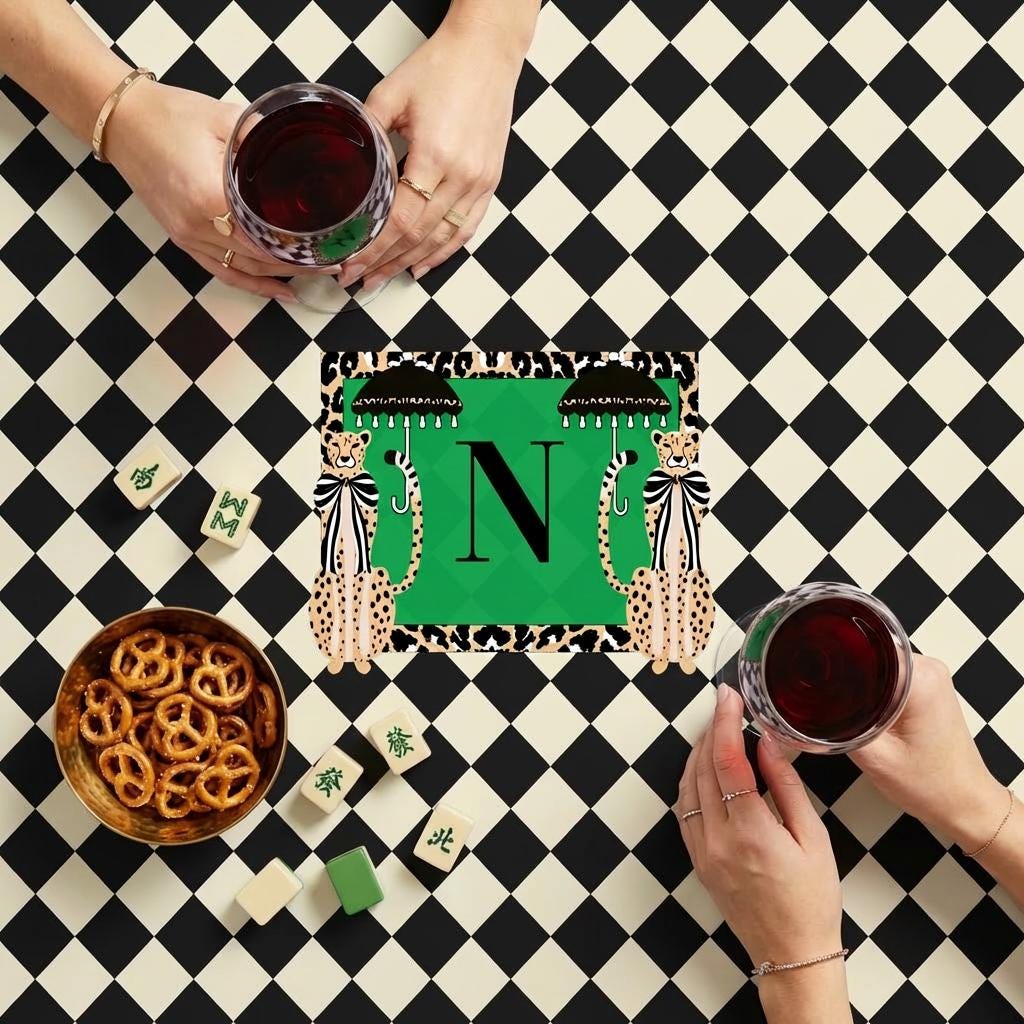 Custom Mahjong Tablecloth, Card Game Table Cover, Monogram, Personalized, Letter, Initial, Preppy, Cheetah, Leopards,Umbrella, Black Checker